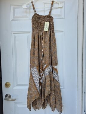 Brown Paisley Hippie Boho Bohemian Recycled Sari Silk Patchwork Midi Dress Small